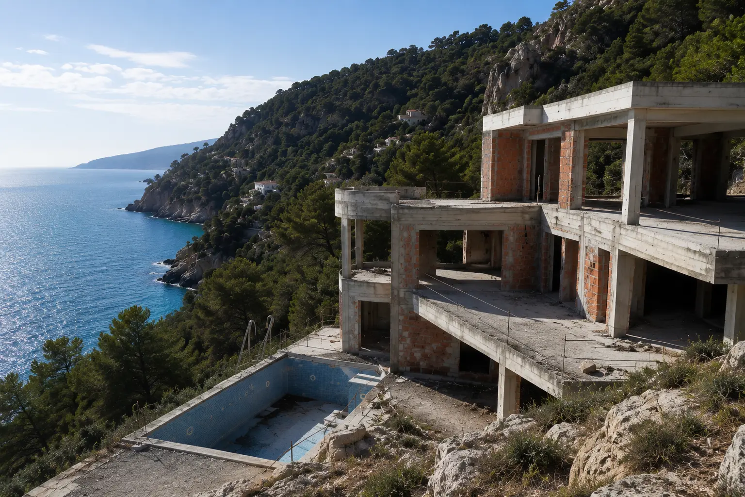 Villa en Garraf antes de la reforma, mostrando el edificio existente completo y la parcela costera