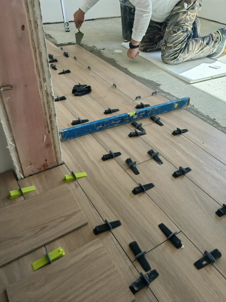 Interior porcelain tile floor installation